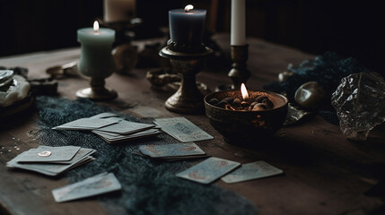 Tarot Cards, Oracle Cards, and Other Tools of Divination Spread Across a Table FlatLay Surrounded by Crystals and Candles in a Moody Witchy Aesthetic - Generative AI