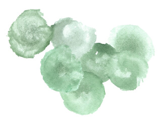 Isolated dark green colored ink paint drops, spot and blot, hand drawn painted aquarelle watercolor texture. Mock up with copy space.
