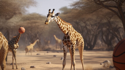 a group of giraffe standing next to each other on a dirt field - obrazy, fototapety, plakaty