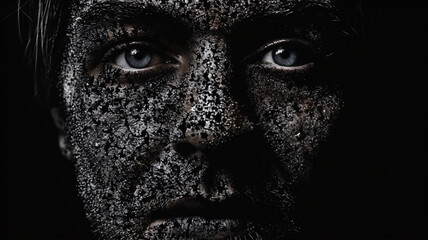 a close up of a person with dirt on their face