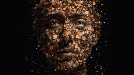 a man with coins all over his face