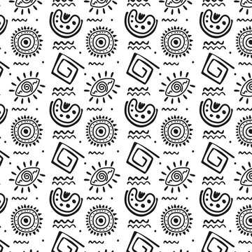 Seamless pattern Primitive ethnic ornament, petroglyph. Ancient patterns. Stone age. Prehistoric art of cavemen. Drawings of ancient tribe. For print, textiles, fabrics. Vector illustration