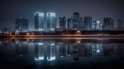 Fototapeta na wymiar Detailed blue hour skyline, artificial light, coloured lights of city and buildings. Generative AI.