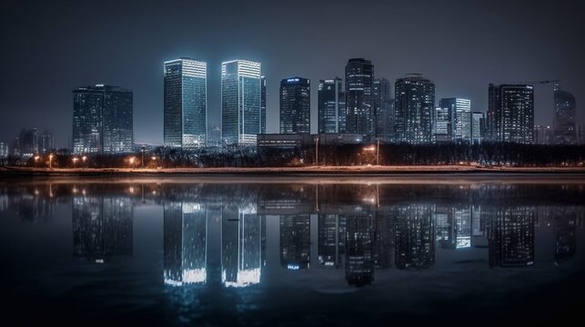 Detailed blue hour skyline, artificial light, coloured lights of city and buildings. Generative AI.