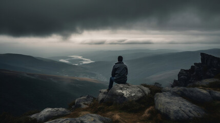 Lonely man sitting on top of mountain cloudy sky, Generative Ai