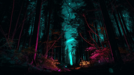 Dark forest, Neon circuitry, Star-filled sky, Bright, Futuristic. Generative AI.