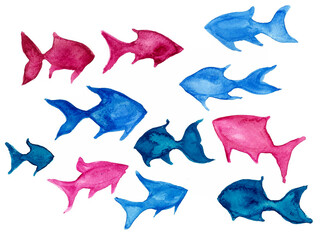 Fototapeta premium Blue, pink fish on a white background. Watercolor blur. 