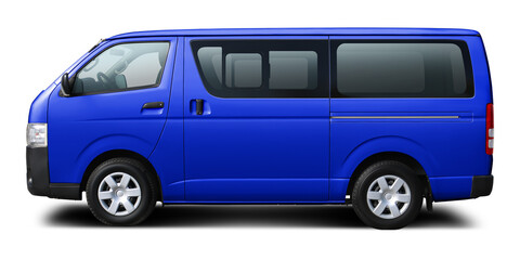 Japanese modern dark blue passenger minibus. Side view, isolated on white background.
