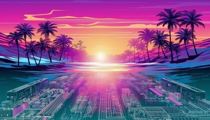 Naklejka premium Motherboard City with Beach Cyber Generative AI