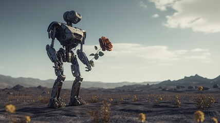 a robot that is standing in the dirt