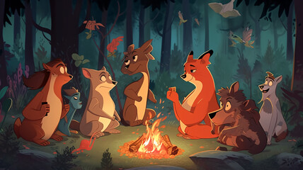 a group of cartoon animals sitting around a campfire