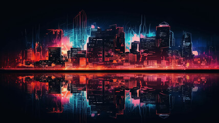 a city at night with neon lights reflecting in the water