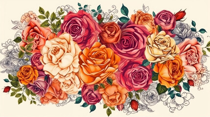 Floral template roses, saturated colors in white background. Generative AI.