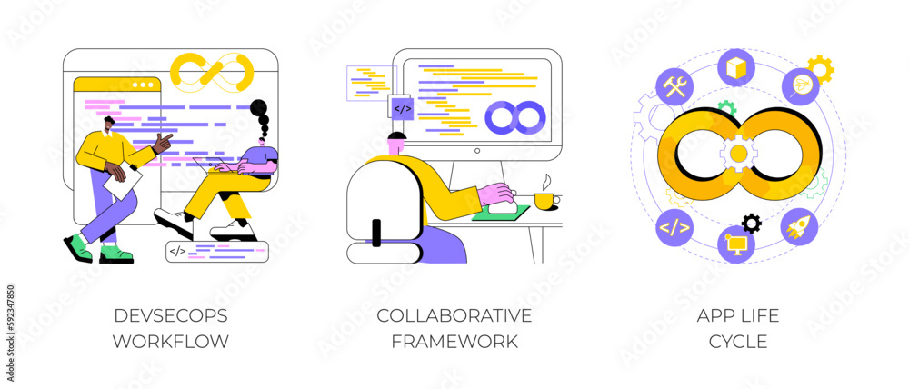 Poster devsecops isolated cartoon vector illustrations set. diverse colleagues working, it project, devseco