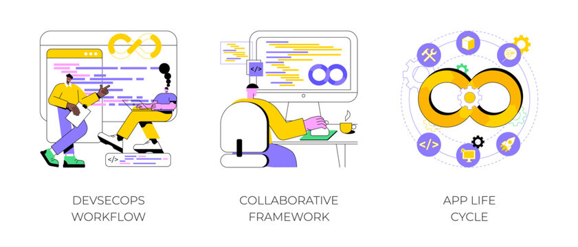 DevSecOps isolated cartoon vector illustrations set. Diverse colleagues working, IT project, DevSecOps workflow, collaborative framework, app life cycle bubble, software development vector cartoon.