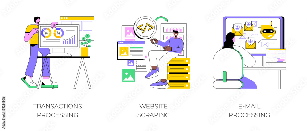 Poster business processes automation isolated cartoon vector illustrations set. transactions processing, we
