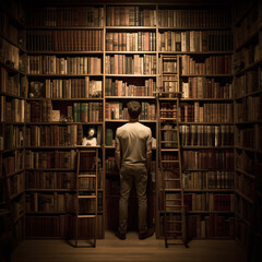 a man that is standing in front of a book shelf