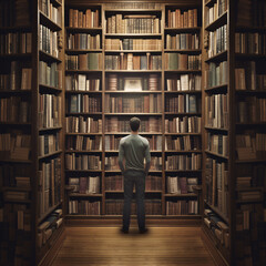 a man standing in front of a bookshelf in a library