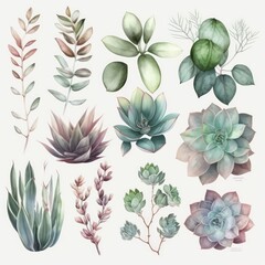 Watercolour about leaves. Asset pack succulent leaves minimalist mint watercolour pastel. Generative AI.