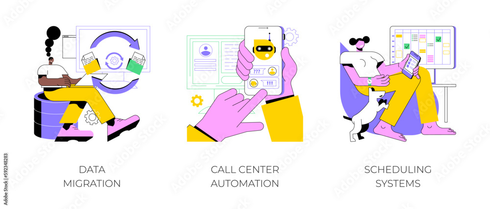 Poster automation software isolated cartoon vector illustrations set. data migration, format processing, ca