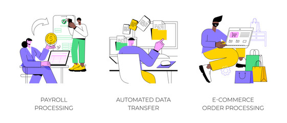 Automated business processes isolated cartoon vector illustrations set. Payroll automation software, receive payment, data transfer, file exchange, e-Commerce order processing vector cartoon.