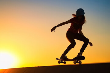 Fototapeta premium Young woman skateboarding at sunset, generative ai