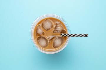 Top view of an iced coffee in a plastic takeaway cup