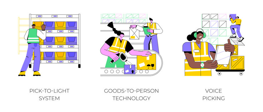 Warehousing technologies isolated cartoon vector illustrations set. Pick-to-light equipment with smart shelve, goods-to-person technology, warehouse worker use voice picking system vector cartoon.