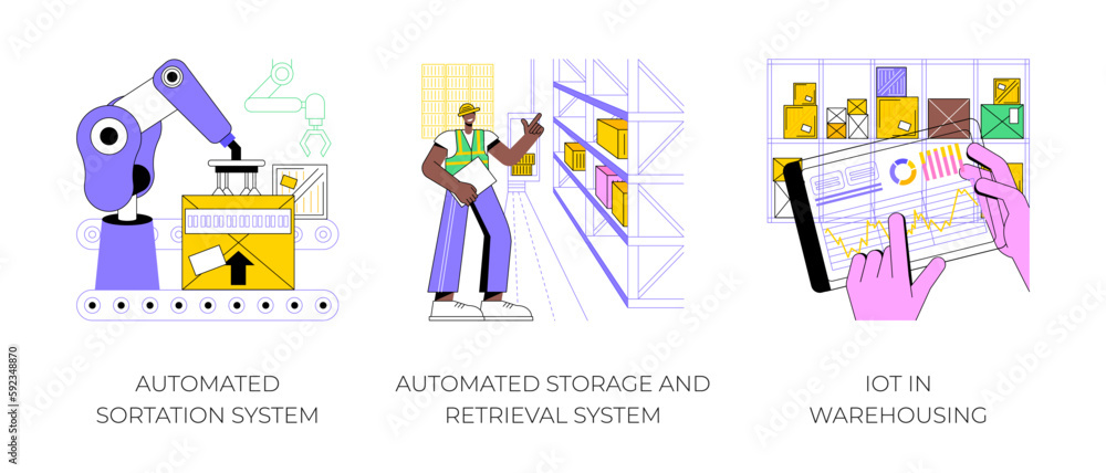 Poster warehousing automation isolated cartoon vector illustrations set. robotic arm sorting goods in smart
