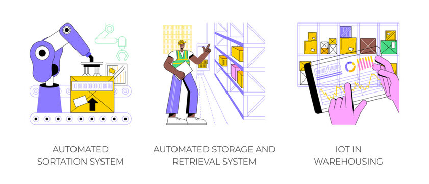 Warehousing automation isolated cartoon vector illustrations set. Robotic arm sorting goods in smart warehouse, automated storage and retrieval system, IoT inventory management vector cartoon.