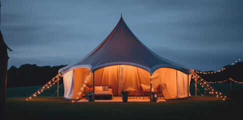 Glamping at night, glowing tent, nightlights.