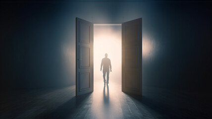 Fototapeta premium a man standing in front of an open door