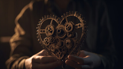a close up of a person holding a heart made of gears