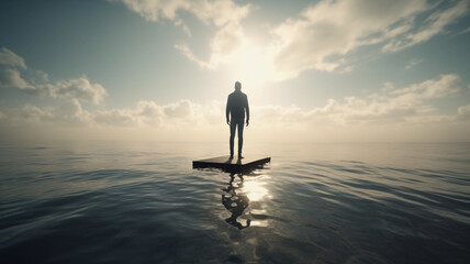 a man standing on a surfboard in the middle of the ocean