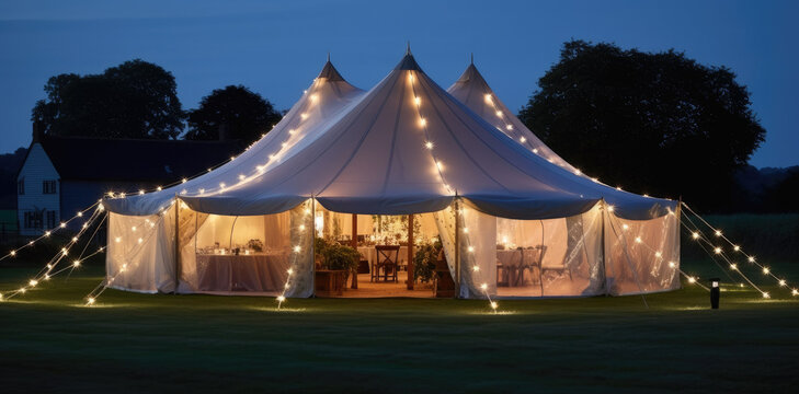Interior of a wedding tent decoration ready for guests.