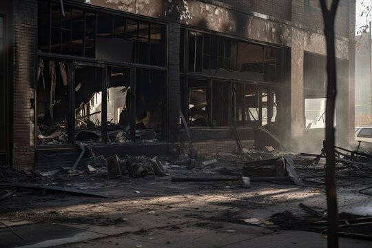 Burned-out Building With Shattered Windows And Debris Lying On The Ground, Created With Generative Ai