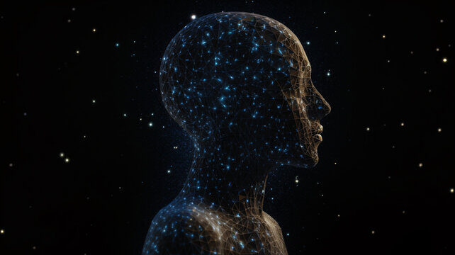 a close up of a person's face with stars in the background