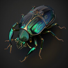 Dark and opal green beetle with gold fine details realistic. 3d style illustration beetle. Generative AI.