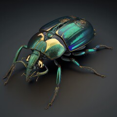 Dark and opal green beetle with gold fine details realistic. 3d style illustration beetle. Generative AI.