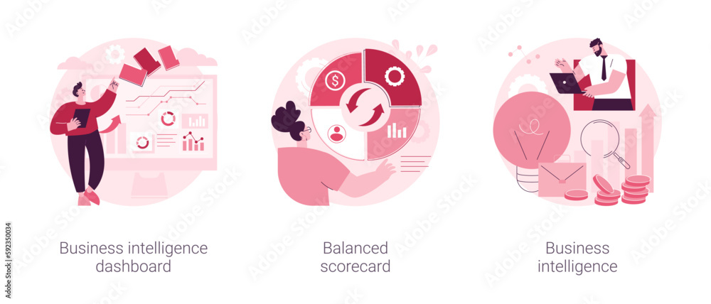 Poster performance data visualization abstract concept vector illustration set. business intelligence dashb