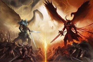 good and evil in battle, with light and darkness as their backdrop, created with generative ai