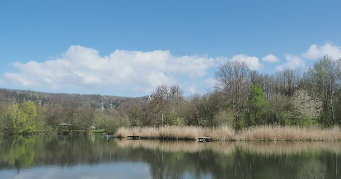 Gr&uuml;ttsee in L&ouml;rrach. Ruhige Wasser des kleinen Sees, h&ouml;lzerner Ponton umgeben von Schilf und fr&uuml;hlingsbl&uuml;henden B&auml;umen