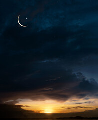 Islamic card with Crescent moon,Star on Sunset Sky,Horizon Nutural Ramadan Sky for religions symbolic of Muslim culture for Generous Ramadan,New Moon,Prayer time.Eid Mubarak,Eid al Adha,Eid al Fitr