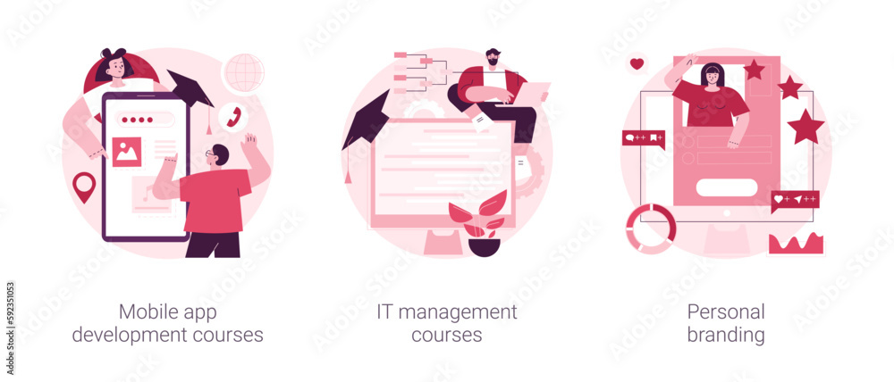 Poster career in it abstract concept vector illustration set. mobile app development courses, it management