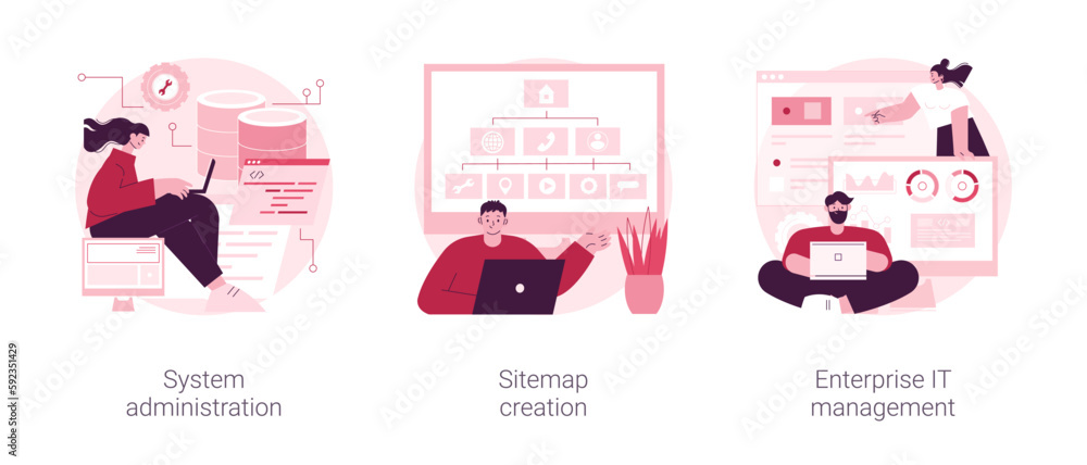 Poster computer systems abstract concept vector illustration set. system administration, sitemap creation, 