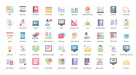 Math Flat Icons Maths School Education Algebra Icon Set in Color Style 50 Vector Icons