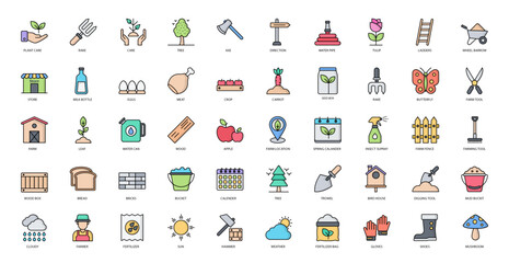 Farming Color Line Icons Farmer Garden Gardening Icon Set in Filled Outline Style 50 Vector Icons 