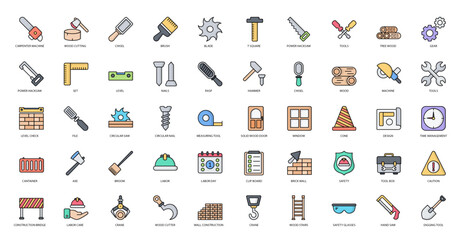 Carpentry Color Line Icons Chisel Broom Digging Icon Set in Filled Outline Style 50 Vector Icons