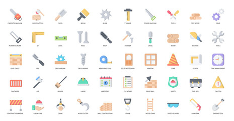 Carpentry Flat Icons Chisel Broom Digging Icon Set in Color Style 50 Vector Icons