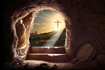 Illustration of Christ at the entrance of the cave light with cross in the background. Generative AI